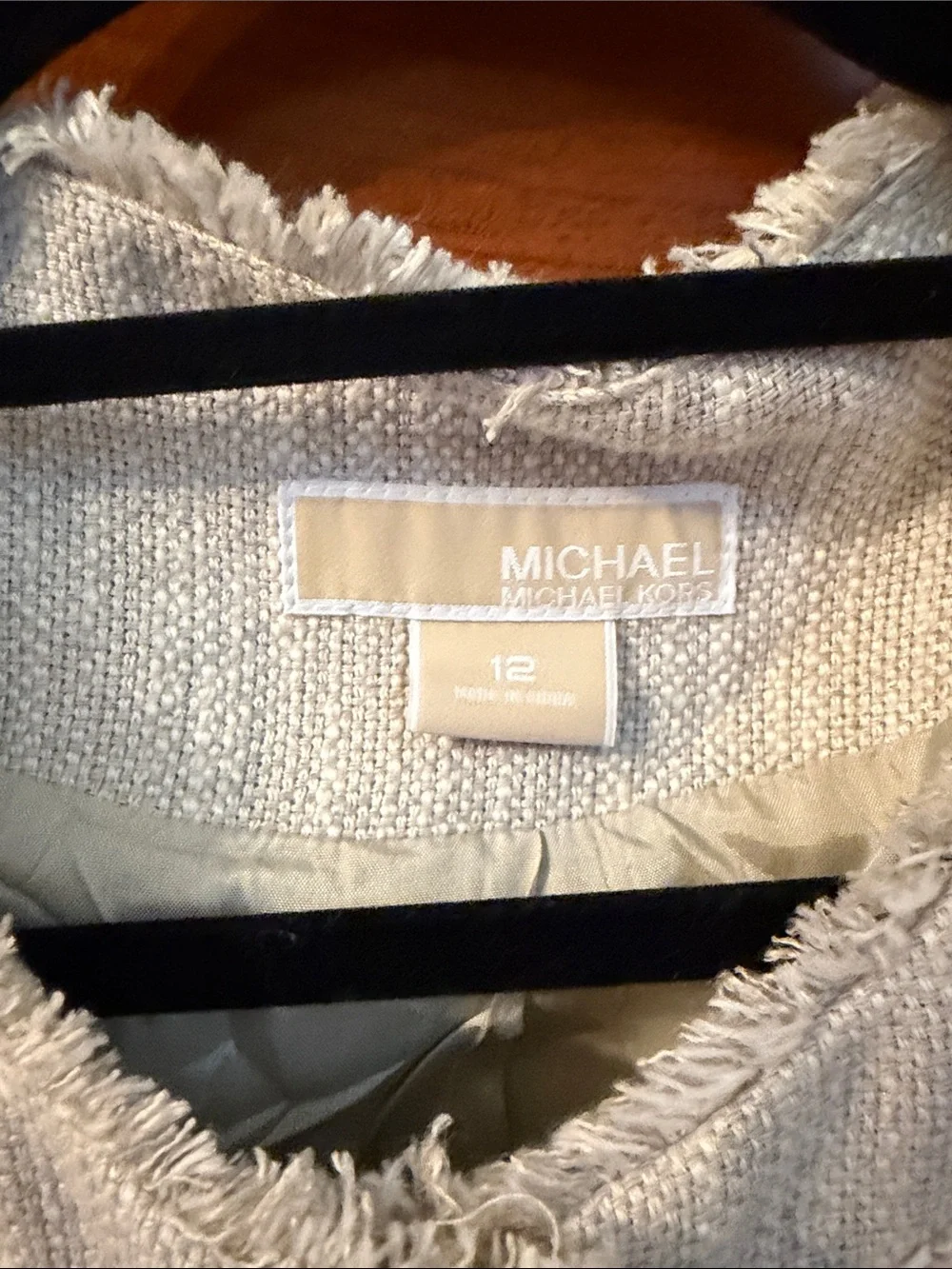 Michael Kors Cream Frayed Tweed Collarless Jacket